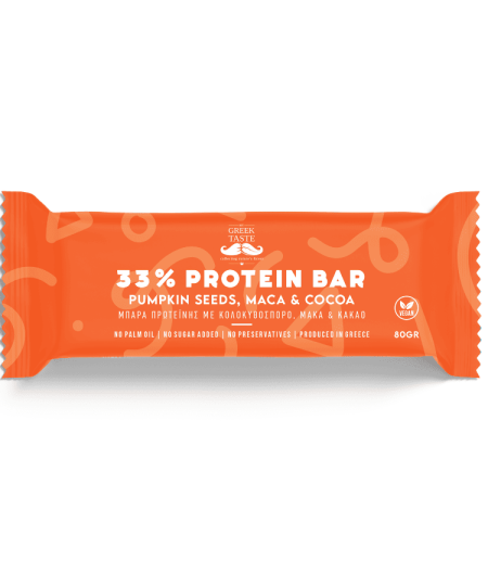 Vegan Protein Bar 33% with Pumpkin Seeds, Maca & Cocoa - myGreekTaste - 80gr