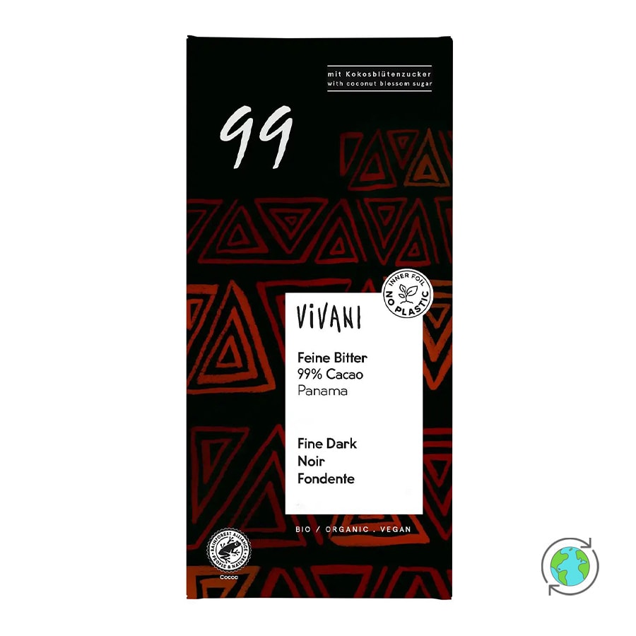 Βιολογική Μαύρη Σοκολάτα 99% με κακάο Παναμά & ζάχαρη καρύδας - Vivani - 80gr