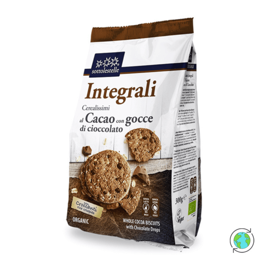 Organic Vegan Cacao Biscuits 'Cerealissimi' with Rice Crisps & Choc Drops - Sottolestelle - 300gr